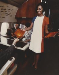 For in flight wear, a “jet-a-long” skimmer was designed in a modified A- line with Hawaiian Sunset, Miami Sands and Maliblue stripes on the 