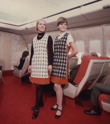 A reversible inflight smock was cut from double-faced woven fabric that featured a black-on-white pattern of the letter “U” on one side and 